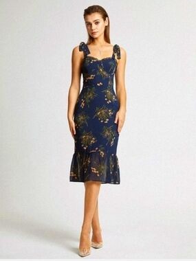 NWT Commonsense Navy Floral Tie-Shoulder Midi Dress